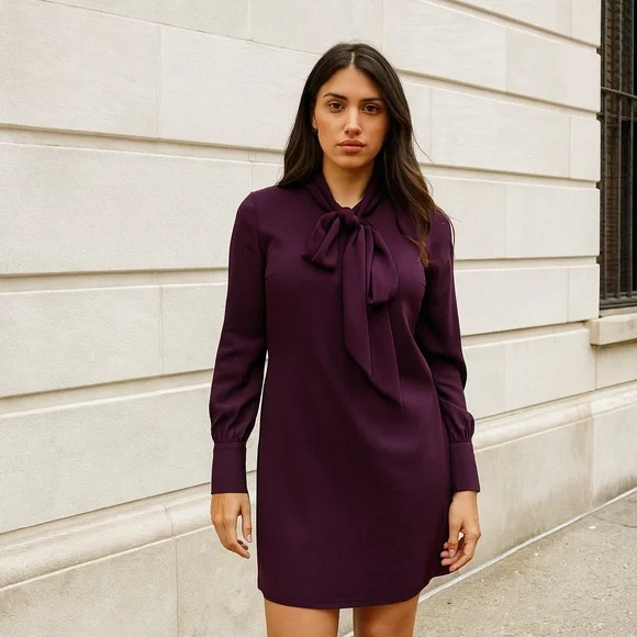 Ann Taylor Deep Purple Scooped Square Neck Tie Long Sleeve Dress Women’s Small - Picture 1 of 6